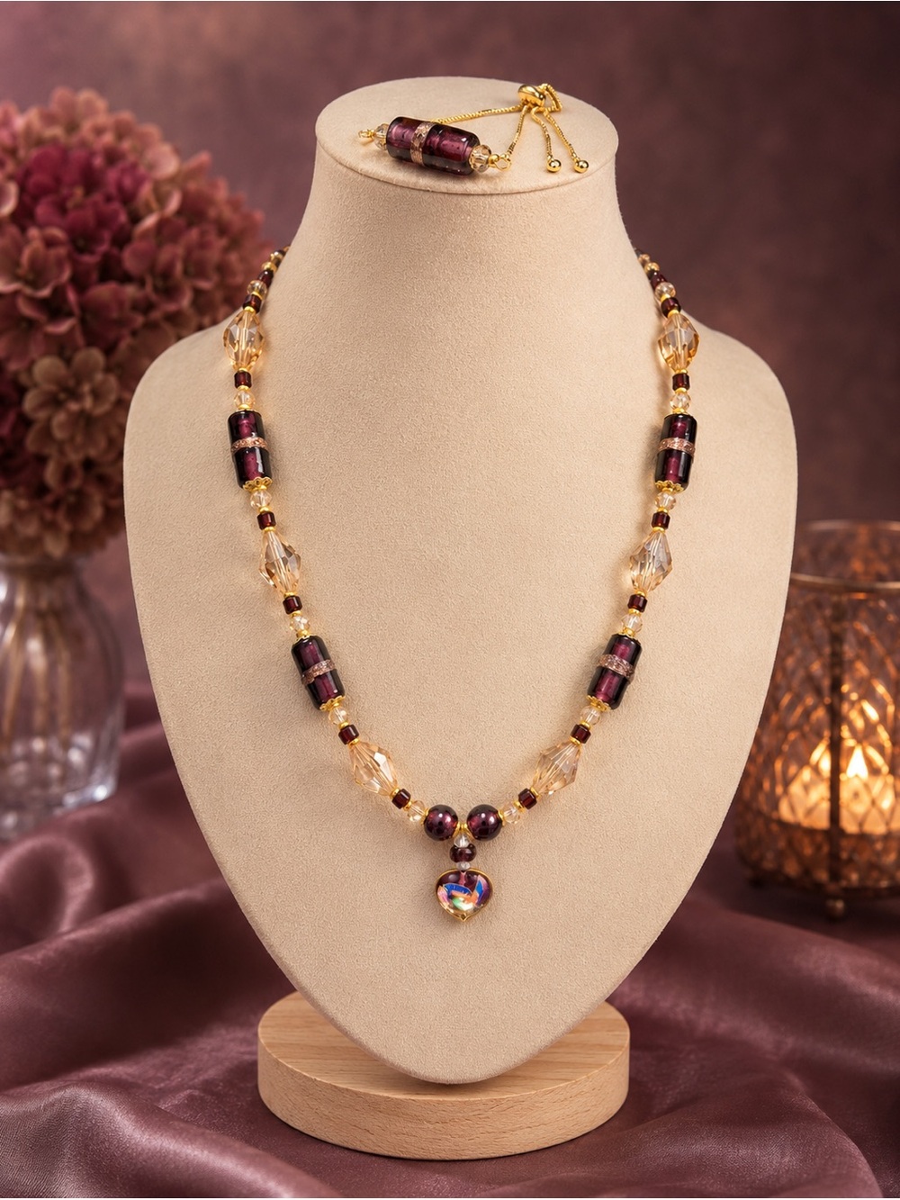Handmade VTG Cake Bead and Crystal Necklace w/ hummingbird cloisonné pendant